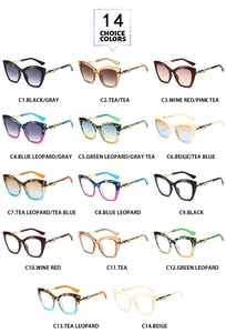 Catalogue détaillé de lunettes œil de chat montrant 14 couleurs et charnières métalliques