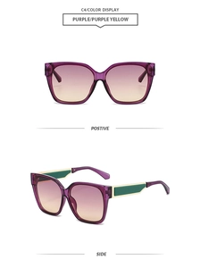 Detail of square oversized purple sunglasses with purple yellow gradient lenses and side view