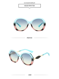 Detail view of oversized square sunglasses featuring blue and tea gradient lenses and frames