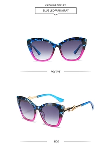 Lunettes œil de chat à motif léopard bleu avec verres dégradés et branches dorées