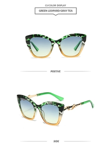 Détail de lunettes œil de chat léopard vert avec verres dégradés et charnière dorée