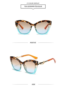 Vue détaillée des lunettes de soleil œil de chat léopard avec verres dégradés bleus