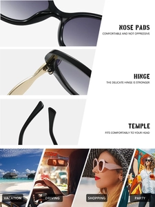 Detailed views of sunglasses featuring gold metal temples and durable hinges for daily use
