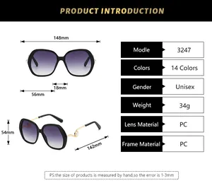 Detailed size chart for retro round oversized sunglasses showing precise frame dimensions