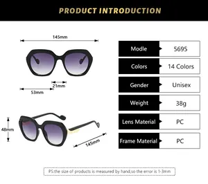 Detailed sizing chart for oversized polygon sunglasses showing precise frame dimensions