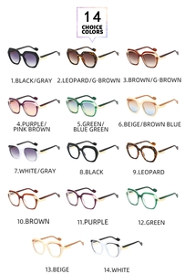 Matrix display of polygon oversized sunglasses in fourteen diverse color combinations