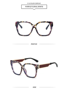 Detail of square purple floral frame glasses with metal and acetate splicing temples