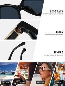 Detail of square oversized sunglasses showing integrated nose pads and durable hinges
