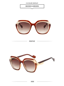 Positive and side view detail of oversized cat-eye sunglasses with brown gradient lenses