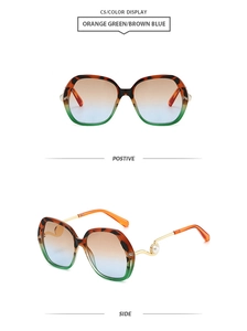 Detailed front and side views of orange and green tortoiseshell sunglasses with pearl detail