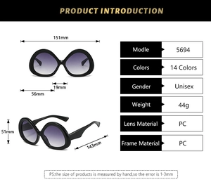 Detailed size chart for retro oversized round sunglasses featuring dimensions and PC material
