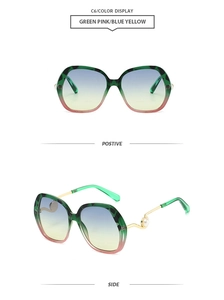 Detail view of round oversized sunglasses with green-pink gradient frames and pearl temples