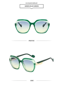 Green gradient polygon oversized sunglasses with gold metal hinges shown in two angles