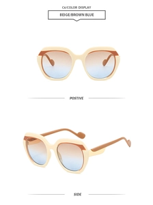 Detailed views of beige and brown geometric sunglasses with blue gradient lenses