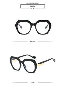 Front and side views of oversized polygon sunglasses with gold metal decorative temple pieces