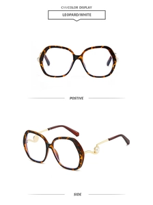 Detailed views of leopard print round glasses with pearl accents and gold metal temples