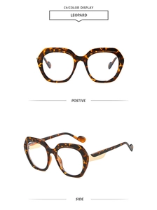 Detail view of leopard print oversized polygonal sunglasses with gold metal temples