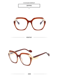 Front and side views of brown oversized polygonal sunglasses with gold metal temples