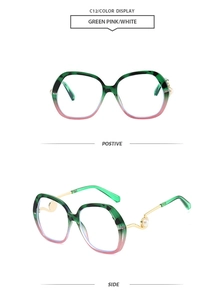 Detail view of round oversized sunglasses with green-pink marble frames and pearl temples