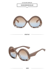 Detail view of khaki butterfly sunglasses with gradient lenses and leopard print frame