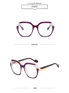 Detailed front and side views of purple gradient polygonal oversized sunglasses frames