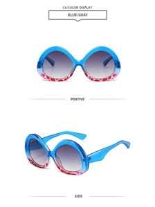 Front and side view of blue geometric sunglasses with gray gradient lenses