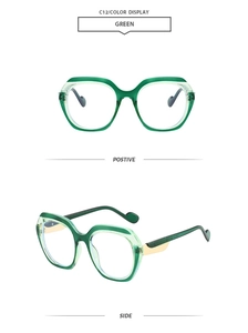 Detailed view of green oversized polygon sunglasses with sleek metal temple arms
