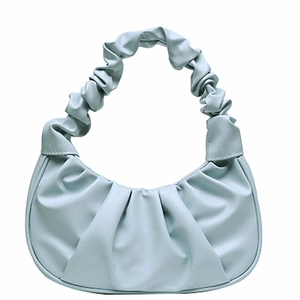 Light blue dumpling shoulder bag with trendy cloud-like pleated handle and hobo style