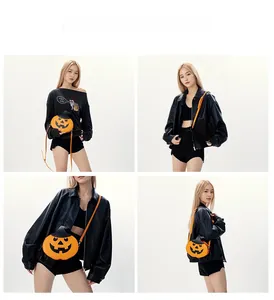 Detailed four-angle view of a pumpkin-shaped crossbody bag with a wizard hat lid