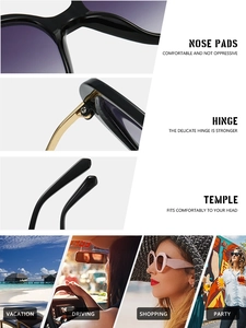 Detail of round oversized sunglasses with metal hinges and purple gradient lenses