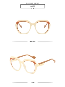 Detail view of beige polygonal sunglasses frames from front and side perspectives