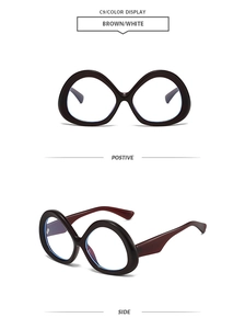 Close-up of brown and white geometric penguin-style frame sunglasses from dual angles