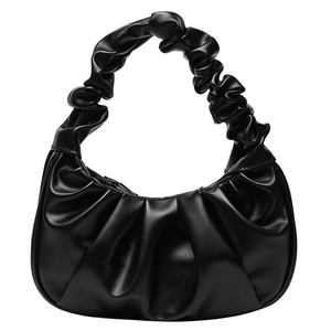 Minimalist black ruched PU leather cloud bag with crescent shape and pleated handle