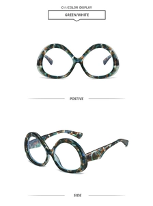 Front and side view of green and white marble pattern oversized round sunglasses