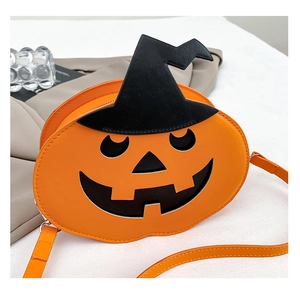 Close-up of Halloween pumpkin crossbody bag with a black wizard hat in PU leather