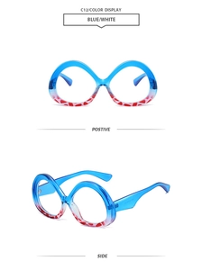 Macro detail of blue and white gradient triangle penguin sunglasses with red flecks