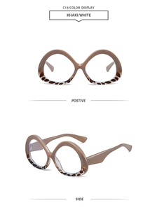 Detailed views of khaki geometric sunglasses with tortoiseshell patterns and metal hinges