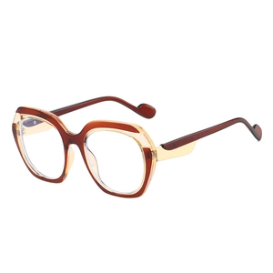 Fashionable oversized polygonal sunglasses with brown and yellow transparent frames