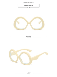 Front and side view of cream-colored oversized geometric sunglasses in a unique circular design