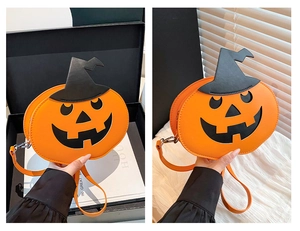 Detail of creative pumpkin-shaped crossbody bag with a black wizard hat for Halloween