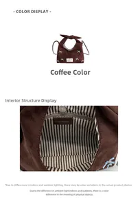 Detail of coffee brown suede handbag featuring bow handle, X-stitching and striped lining