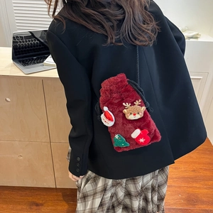 Christmas burgundy faux fur drawstring bucket bag with festive holiday appliques