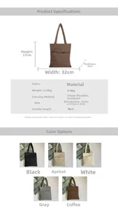 Detailed size chart and multi-color collection of lightweight cotton tote bags for daily use