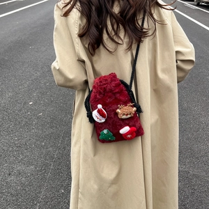 Dark red velvet Christmas drawstring crossbody bag with festive Santa and elk patches