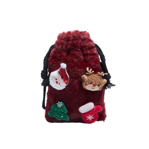Plush red Christmas drawstring gift bag with festive Santa and reindeer 3D patches