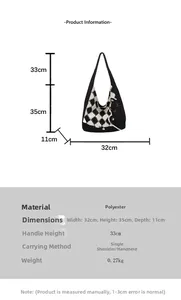 Detailed size chart for black and white checkered knit tote bag with polyester material specs