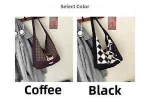Select color of cat-themed knitted tote bags in brown houndstooth and black diamond patterns