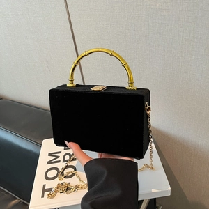 Sac Boîte En Velours Vintage Avec Poignée En Métal Bambou Doré Et Bandoulière Chaîne Soirée Pour Femmes Élégant