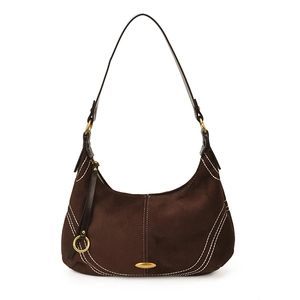 Retro dark brown suede shoulder bag with white contrast stitching and gold hardware