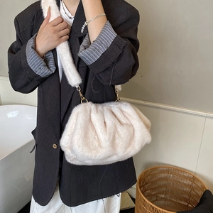 Retro cream white plush crossbody bag with a fluffy cloud shape and soft shoulder strap